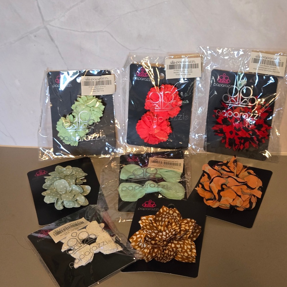 Paparazzi Hair Clip Lot of 8 Floral Bows‎ Sequins Green Orange Red White 8pc Set